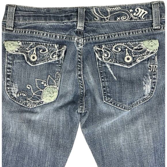 Miss Me Embroidered Denim Jeans Y2K Dark Australian 02 Blue Flap Pockets Size 28 - Picture 2 of 11